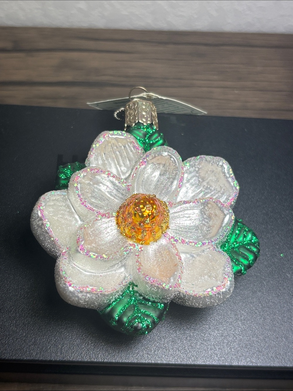 Old World Christmas - Magnolia Flower Holiday Ornament in White, Green & Gold